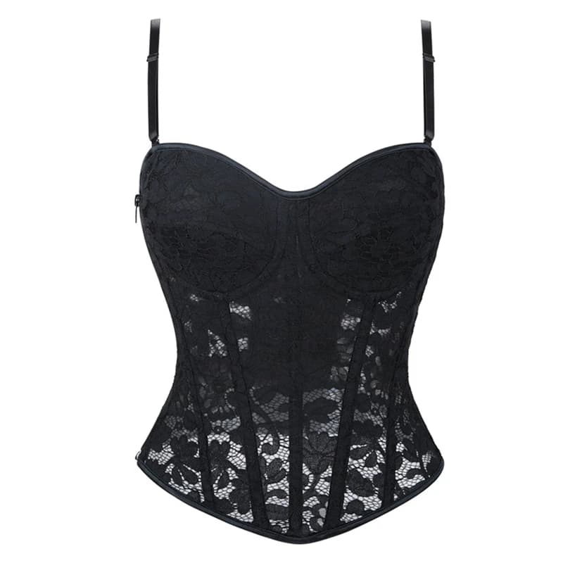Femmes dentelle florale haut Corset Sexy noir maille Transparent soutien-gorge côté Zip Bustier gile