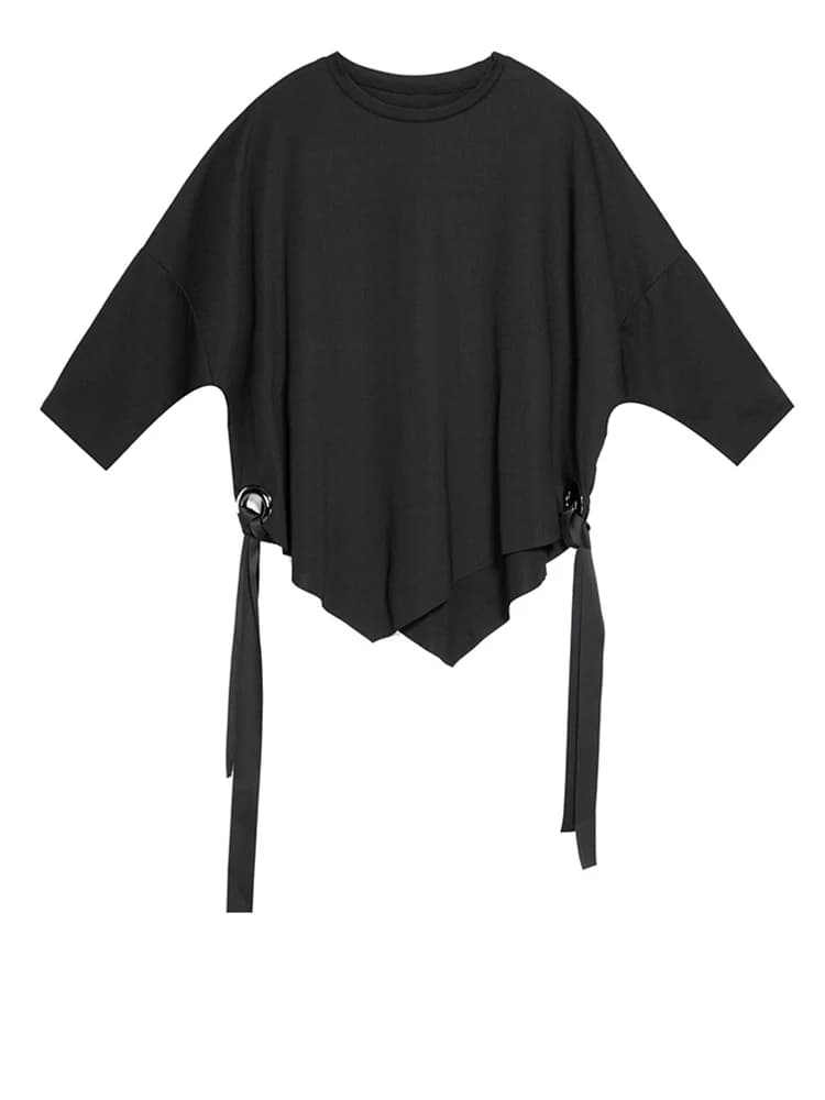 [EAM] femmes ruban noir grande taille T-shirt nouveau col rond trois-quarts manches chauve-souris mo