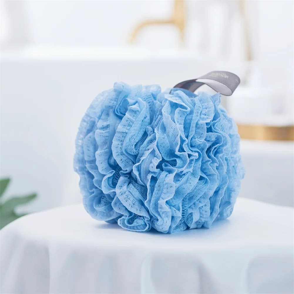 Éponge de bain douce blanche et bleue en maille de dentelle pour le corps, pour le nettoyage corpore