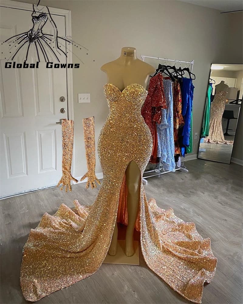 Robe de Soirée Longue Noire à Paillettes pour Fille, Tenue Élégante Personnalisée avec Fente Haute, 
