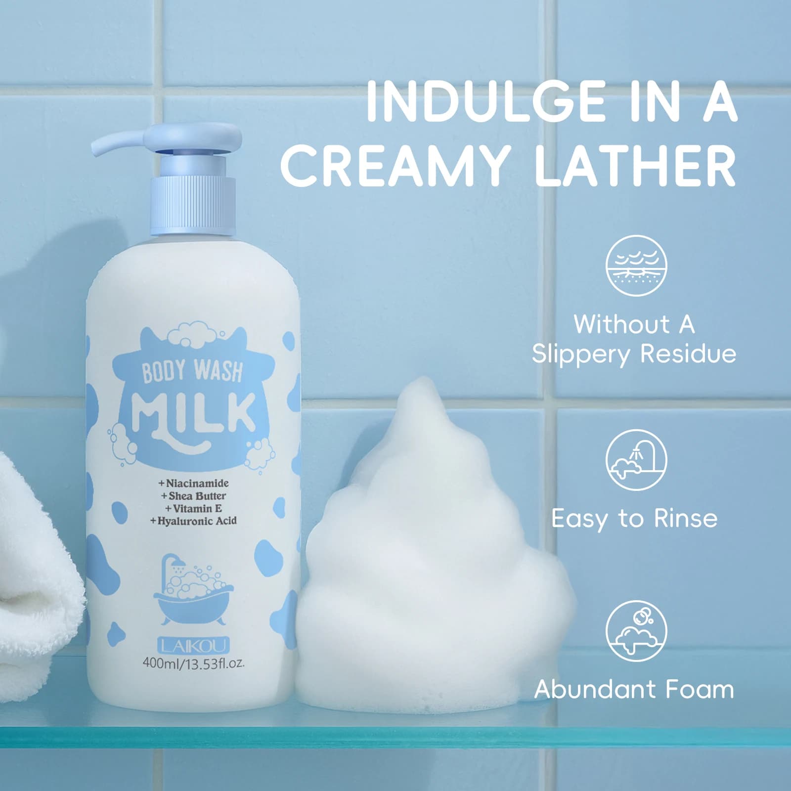LAIKOU 400ml Lait Corporel, Nettoyant Doux Hydratant Longue Durée Parfum Lait Gel Douche avec Niacin