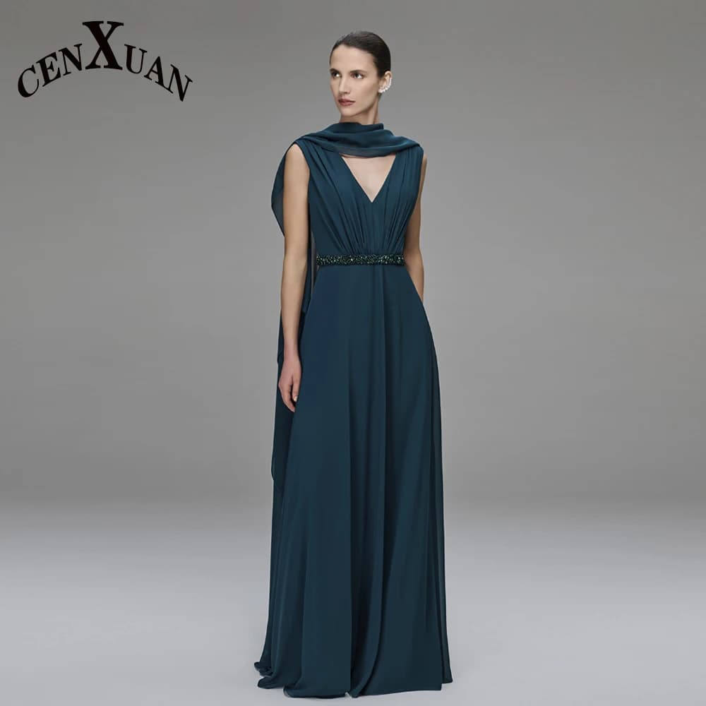 CENXUAN Robes de soirée élégantes à col en V en mousseline de soie, coupe trapèze, avec châle, pour 