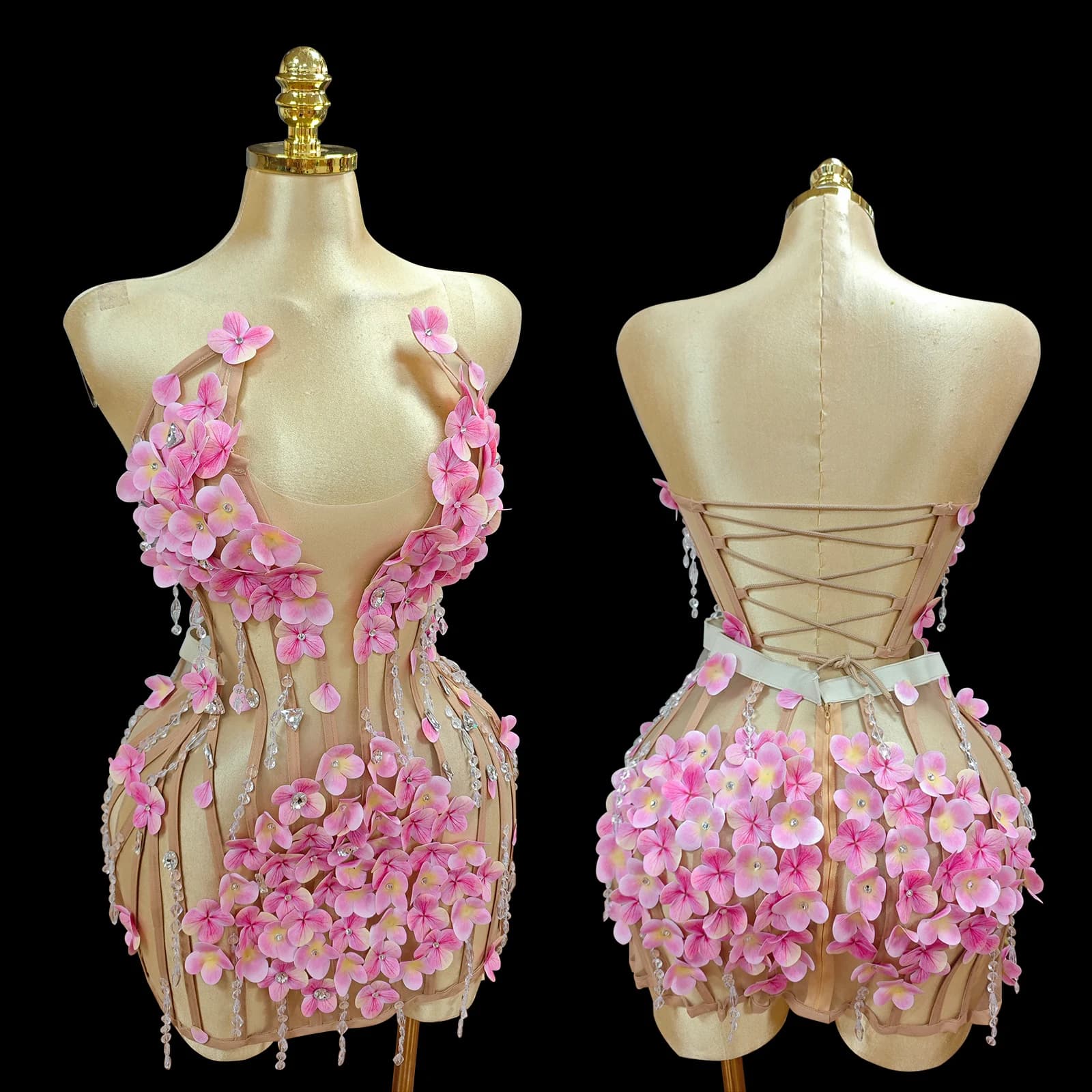 Combinaison sexy rose à fleurs 3D et strass pour soirée en boîte de nuit, rave, chanteuse, scène, DJ