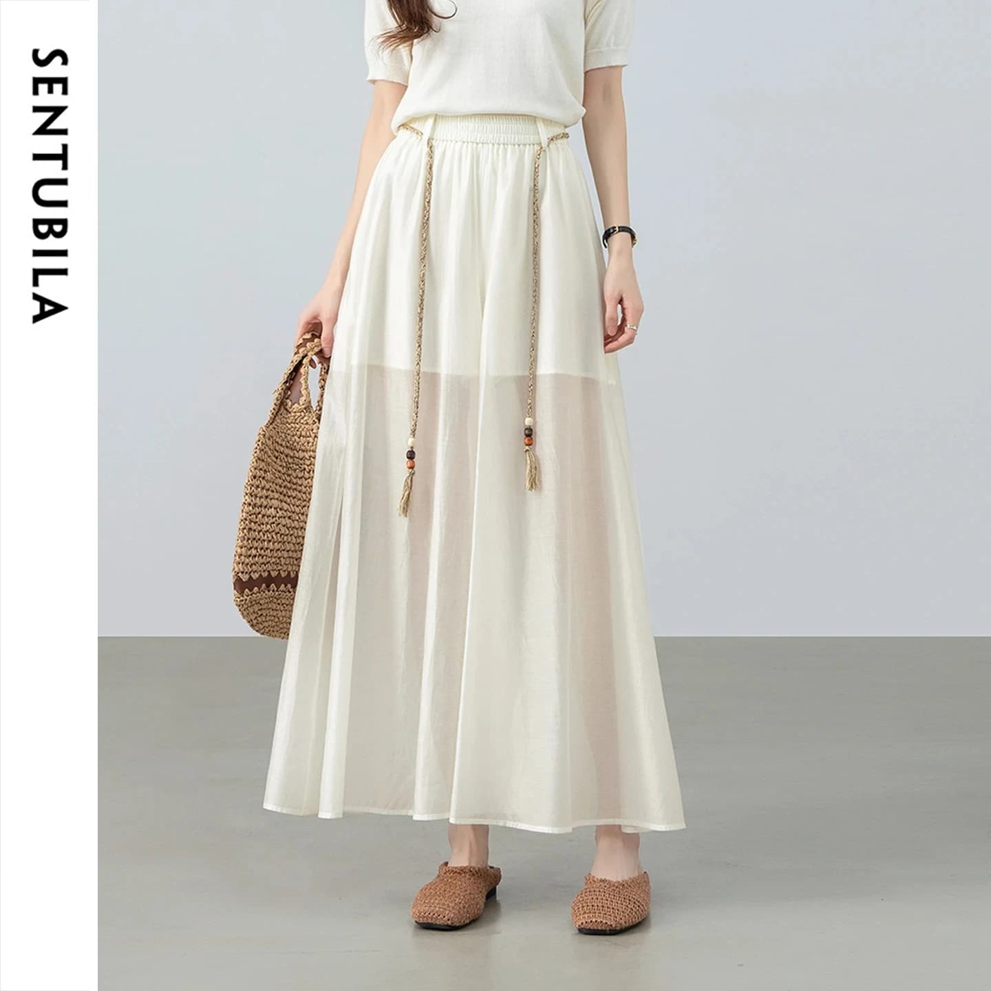 SENTUBILA Culotte de ville pour femme, couleur café, été 2026, minimaliste, avec ceinture à pampille