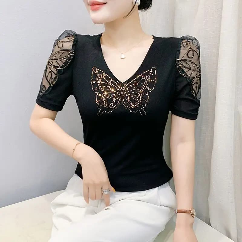 Nouveau Été Chic à manches courtes col T-shirt maille à la mode corps mince