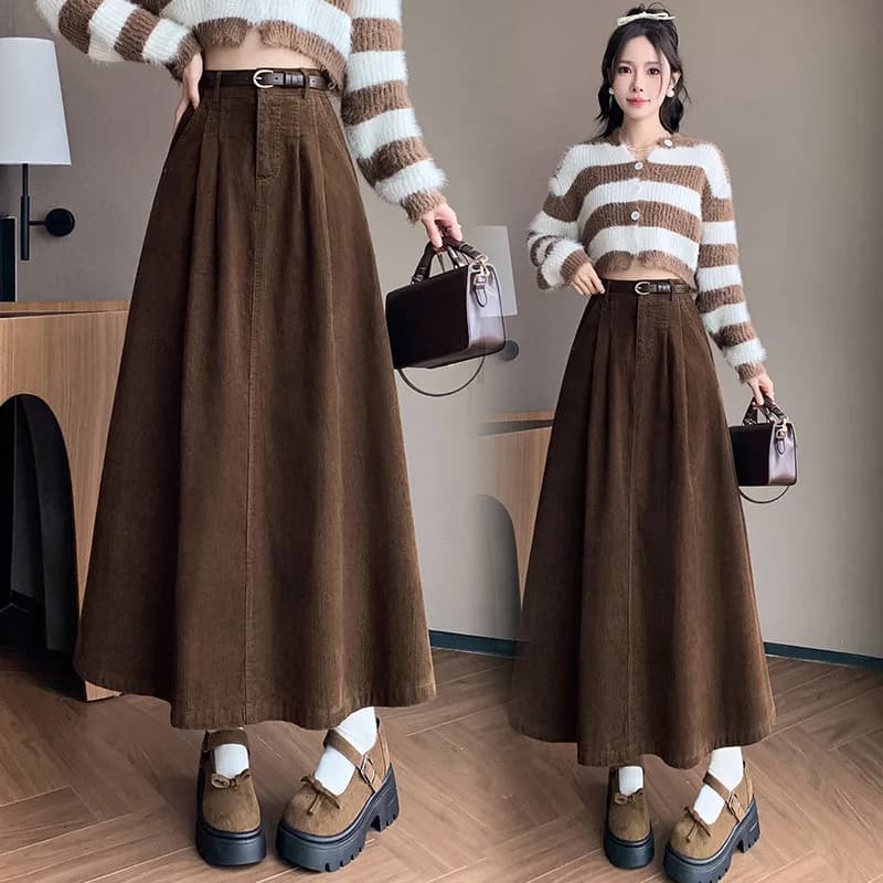 Jupe longue pour femme, jupe mi-longue en velours côtelé, taille haute, évasée, plissée, ajustée, au