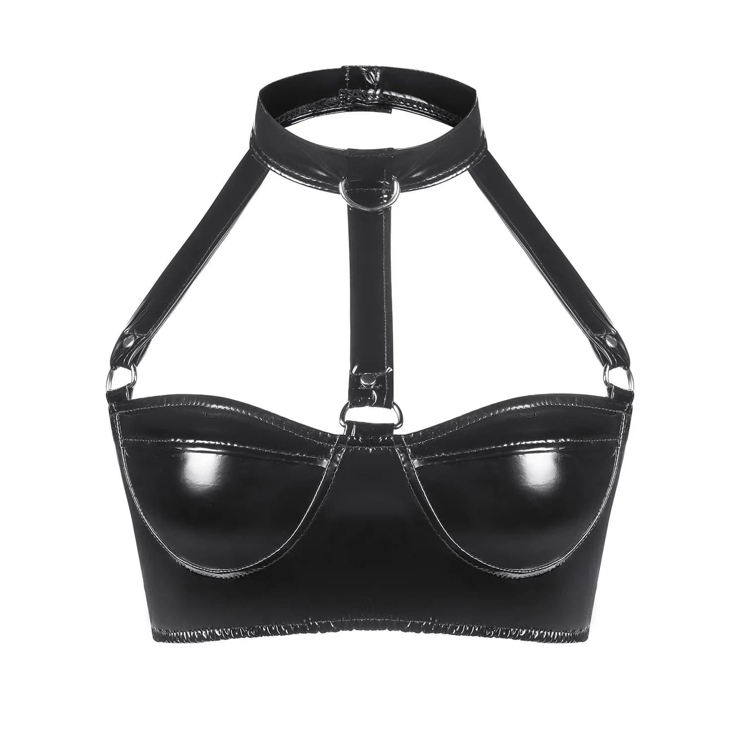 Soutien-gorge en cuir PU pour femmes, Lingerie rose, PVC, boutons exotiques, col licou, Bralette en 