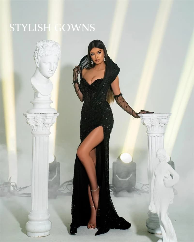 Robe de Soirée Noire Élégante avec Perles et Fente Latérale pour Femme, Tenue Personnalisée avec Seq