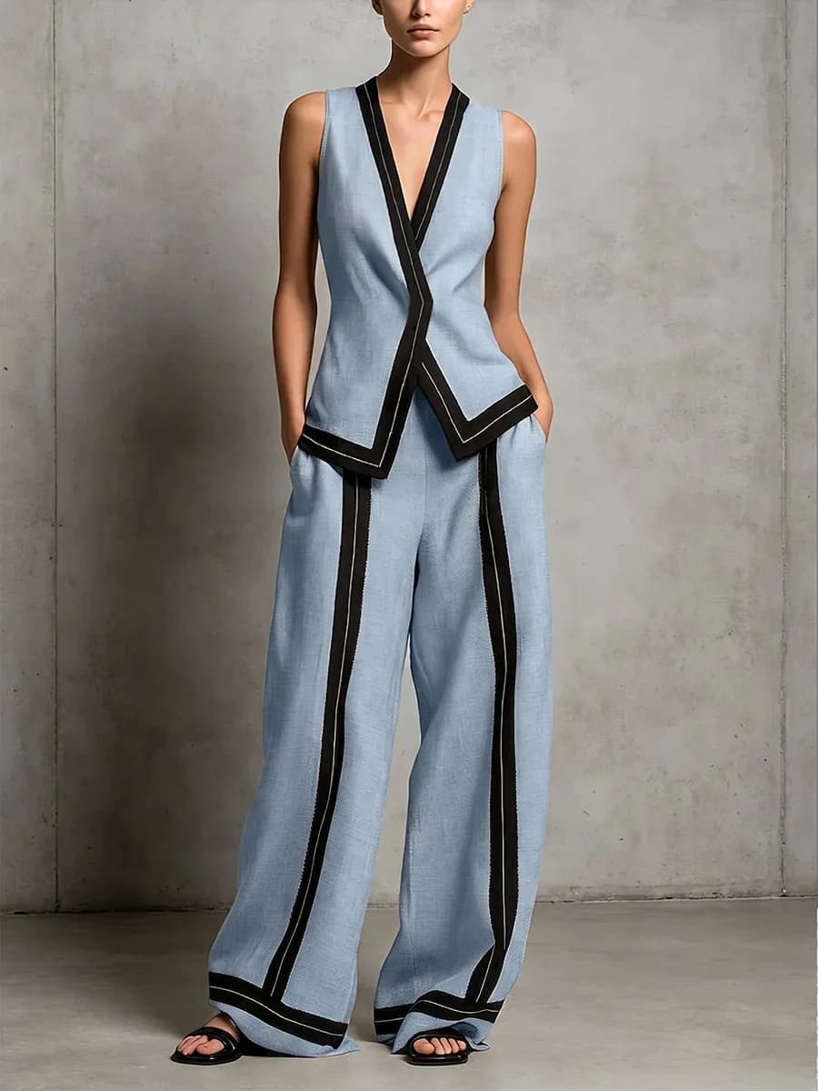 Ensemble pantalon et gilet deux pièces pour femme de bureau, col en V, sans manches, pantalon long à