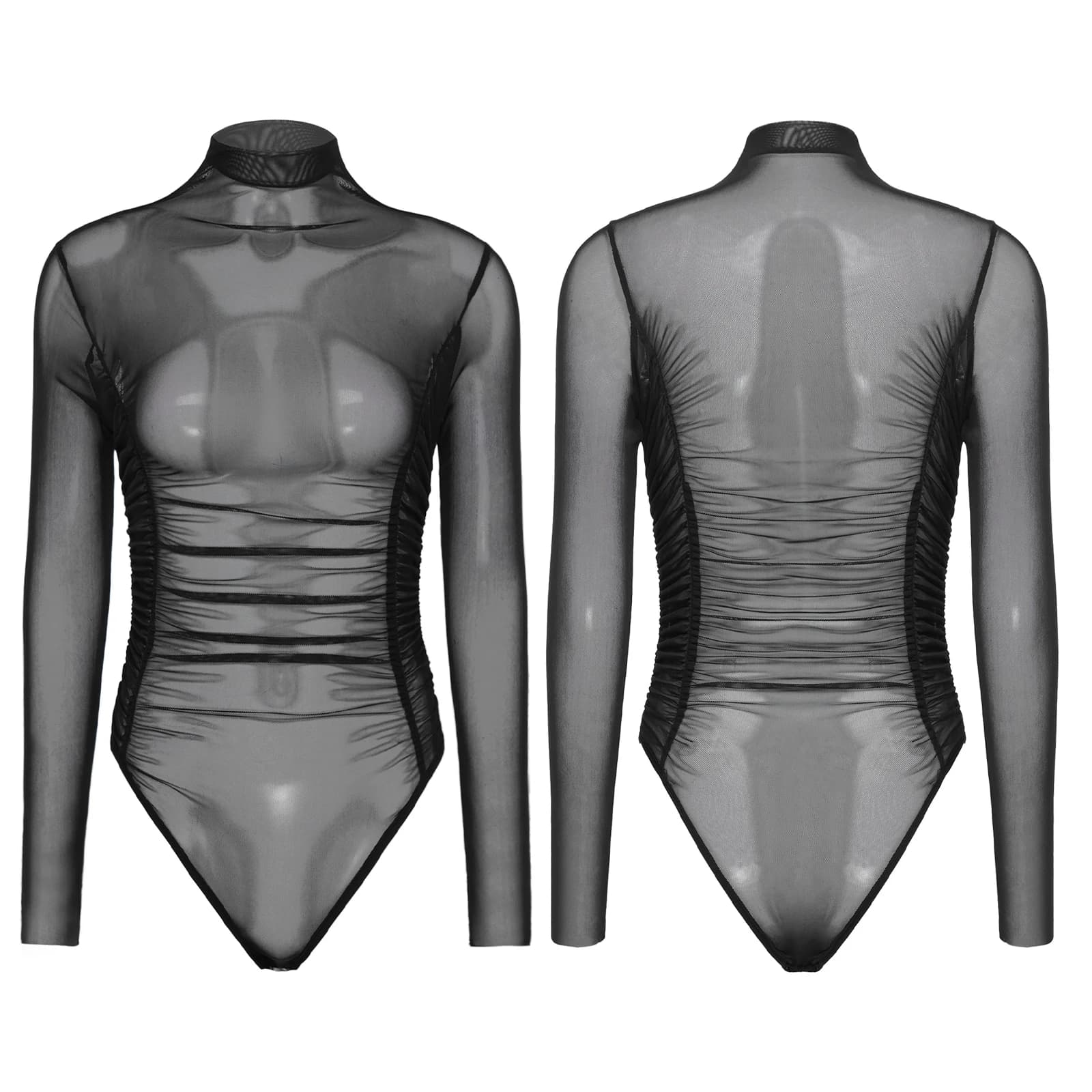 Body de plage et de soirée pour femme, en maille transparente, froncé sur les côtés, col montant, ma