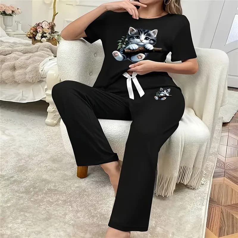 Ensemble de pyjama noir pour femme, manches courtes, imprimé chat, pantalon, pull à col rond, vêteme