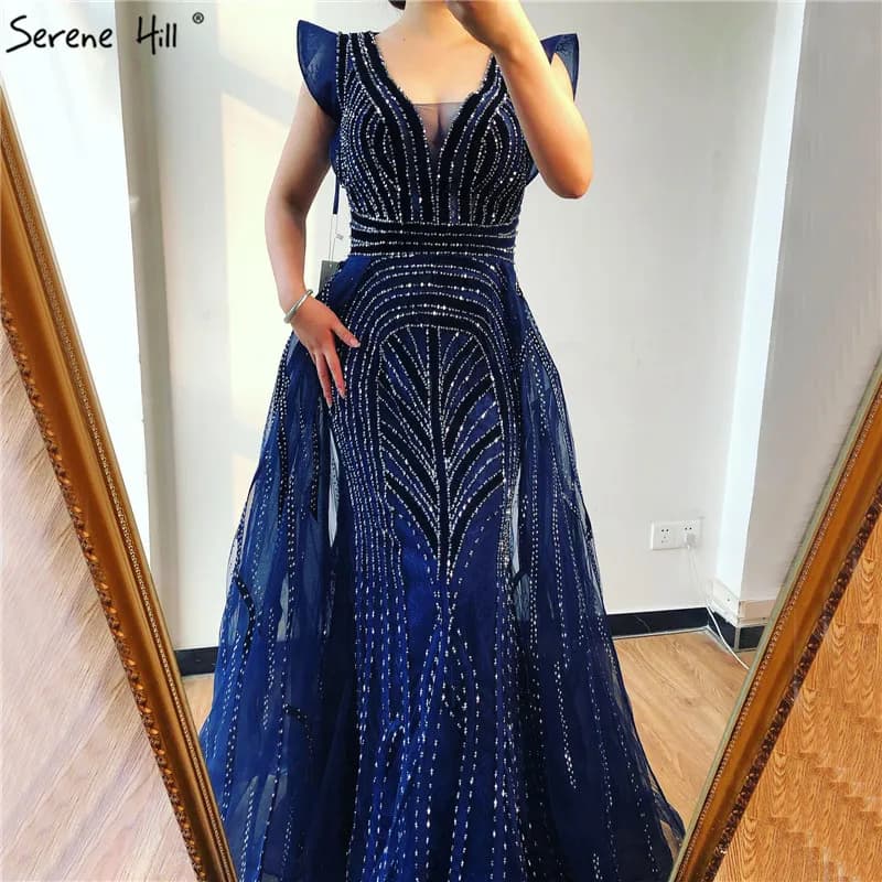 Dubaï bleu marine robes de soirée en V profond 2025 cristal luxe sirène Design grande taille LA70198