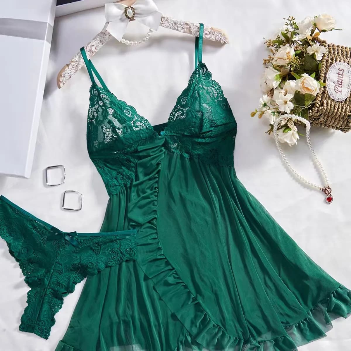 Chemise de nuit en dentelle à fermeture avant, col en V, volants, lingerie féminine, pyjama transpar