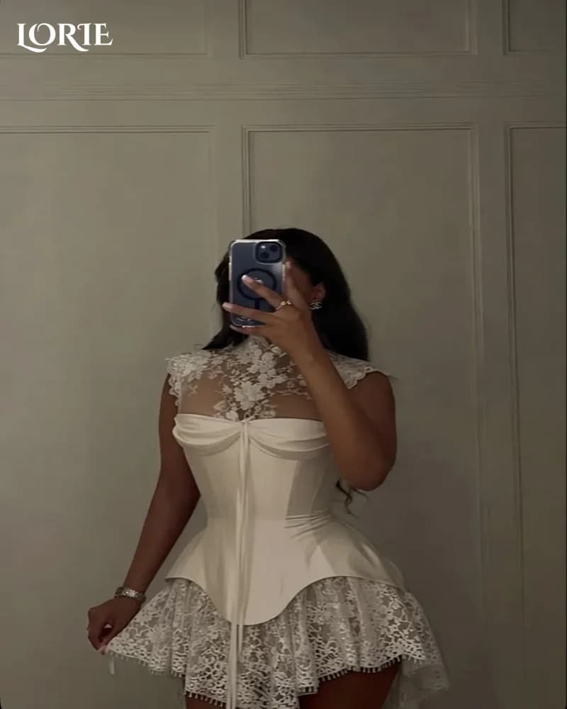 LORIE – Mini robes de mariée sexy en dentelle, col haut, appliques, manches longues, robes de mariée