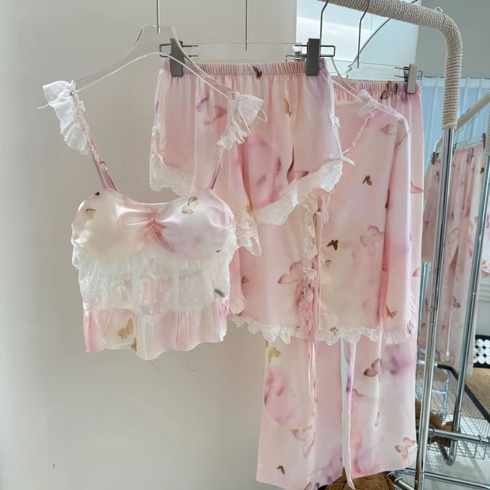 Ensemble pyjama d'été 4 pièces pour femme, vêtements de nuit, Sexy, dentelle, imprimé Floral, Satin,