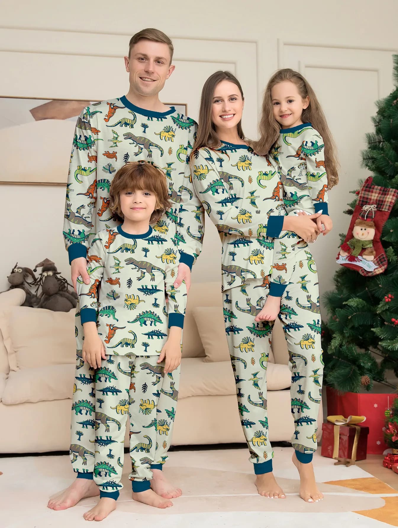 Ensemble pyjama 2 pièces imprimé dinosaure, tenues assorties de noël, pour maman, papa, enfants, bar
