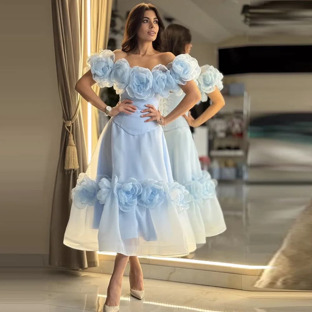 Robes d'anniversaire bleu ciel clair à fleurs, épaules dénudées, longueur cheville, ensembles deux p