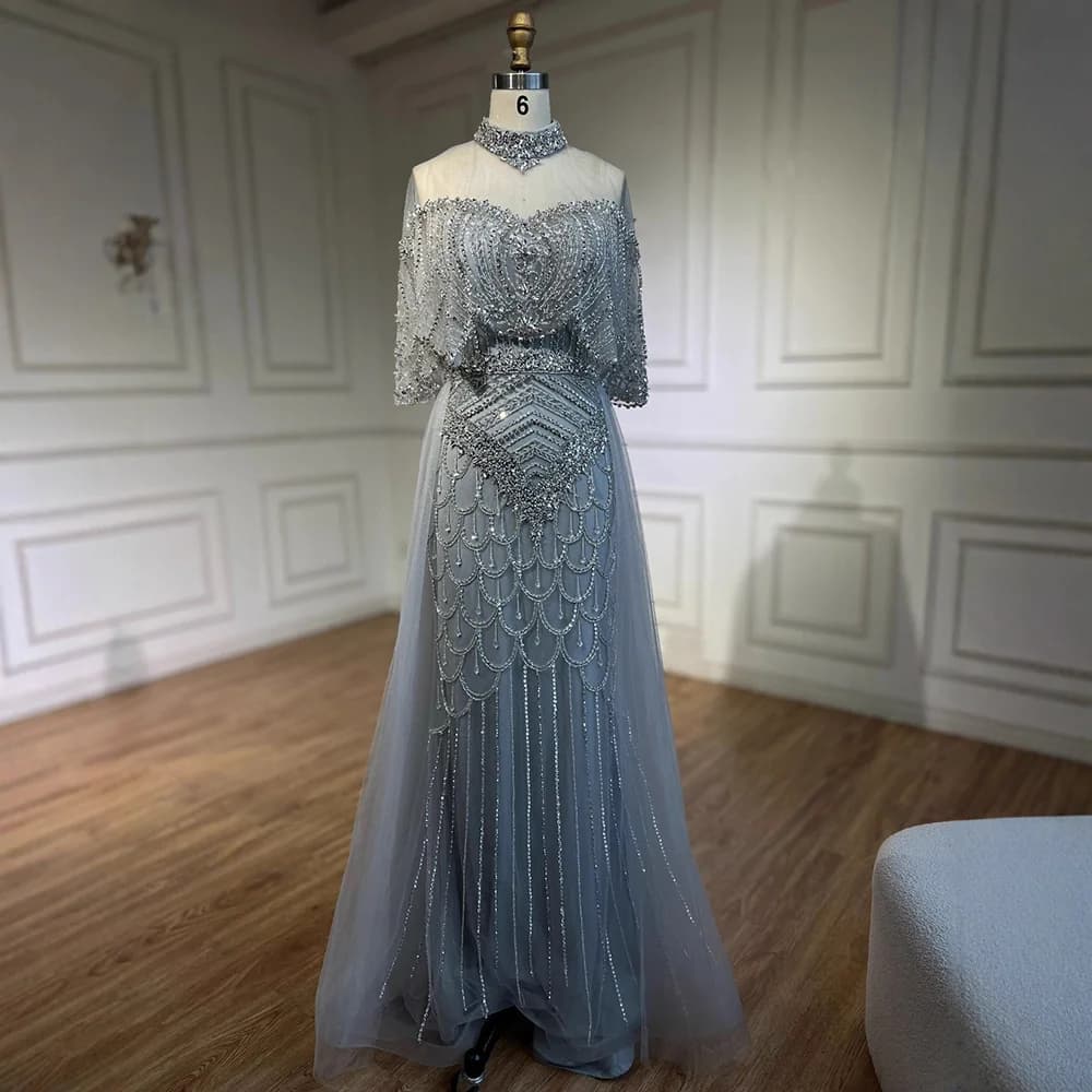 Robe de soirée de luxe grise en perles, style arabe dubaï, avec surjupe, pour occasions formelles, p
