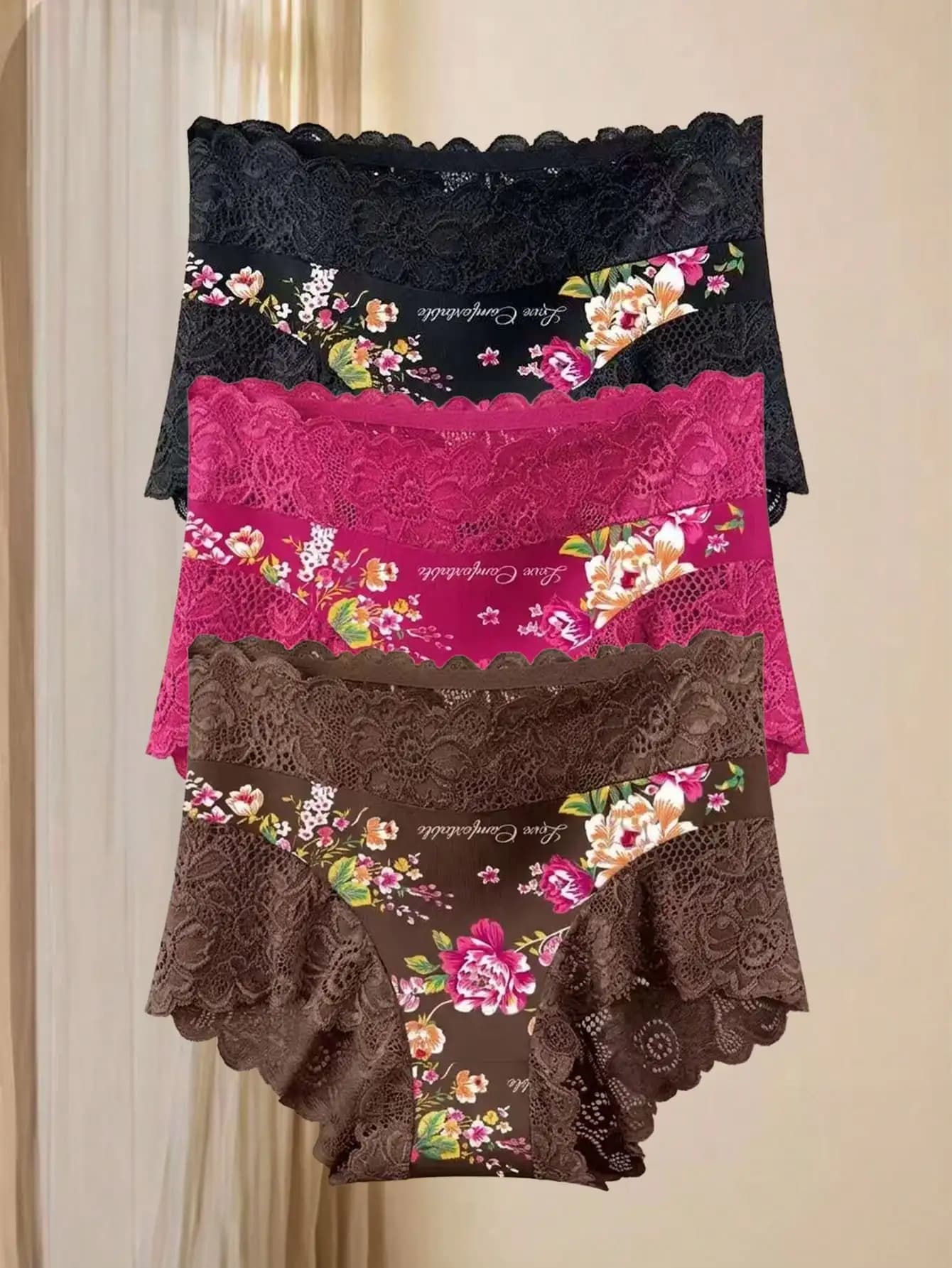 Lot de 3 culottes mi-hautes en dentelle à imprimé floral, sous-vêtements confortables à haute élasti