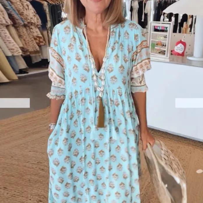 Robe longue d'été bohème à col en V imprimé, manches lanternes, taille haute, amincissante, à manche