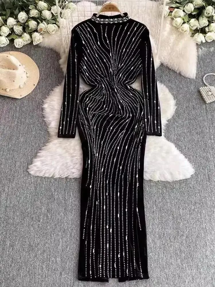 Robes en velours perlé à ongles pour femmes, estampage à chaud, support élégant, manches longues, ro