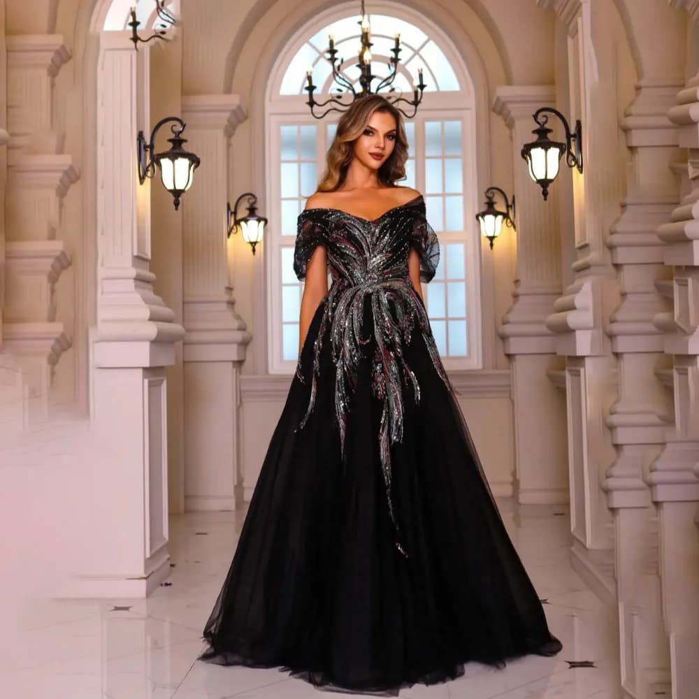 Robe de soirée personnalisée en tulle noir à sequins, épaules dénudées, plissée, coupe trapèze, manc