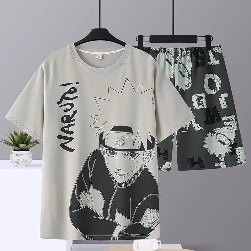 Pyjama en coton pur Naruto pour hommes, ensemble short à manches courtes, fin, d'été, pour étudiants