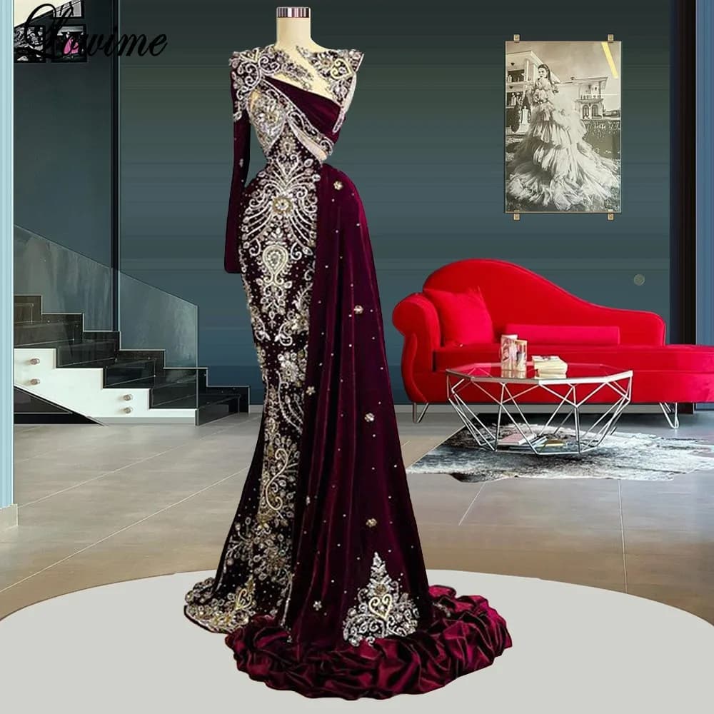 Robe de Soirée Luxueuse pour Femme Musulmane, Tenue de Célébrité Arabe, Bordeaux, avec Perles