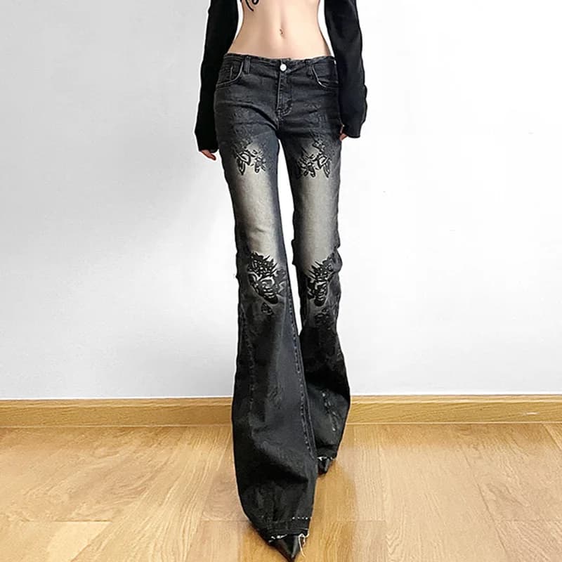 Jean femme nouveau Style de rue rétro américain imprimé plante lavé Vintage taille basse pantalon év