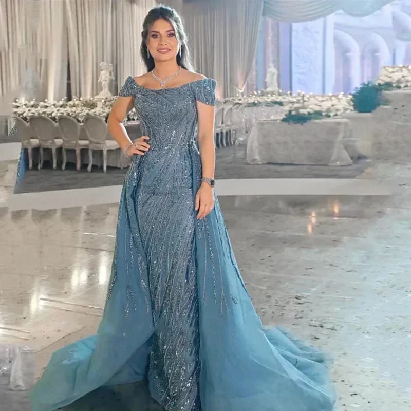 Robe de Soirée Longue à Paillettes Bleues pour Femme, Vêtement de Luxe Personnalisé, Longueur au Sol