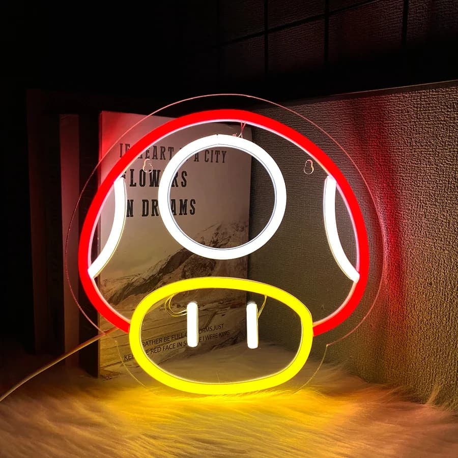 Enseigne au néon champignon pour décoration murale, panneau lumineux pour décor de salle de jeux, gr