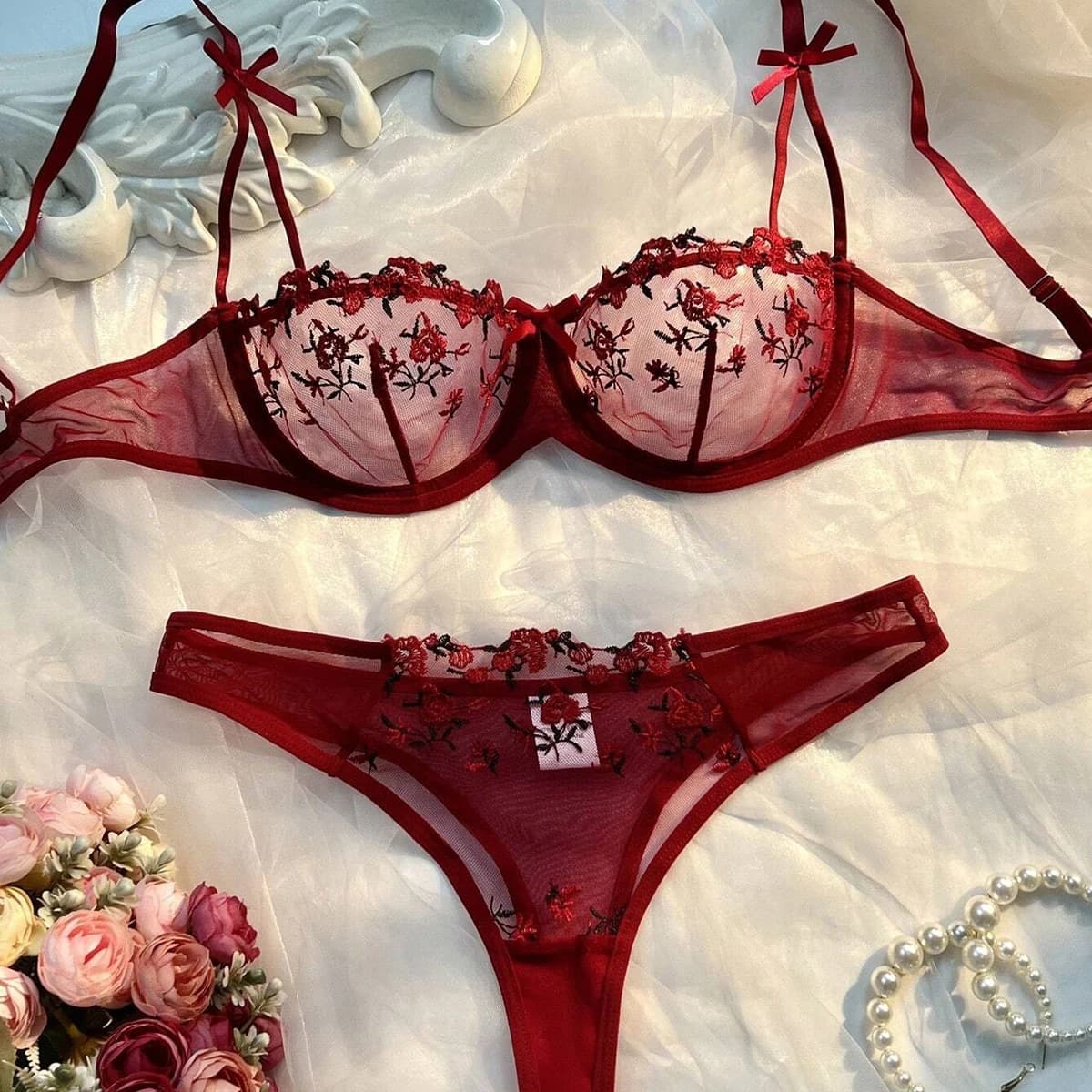 Nouvel ensemble de lingerie rose pour femmes, soutien-gorge brodé floral, ensembles de sous-vêtement
