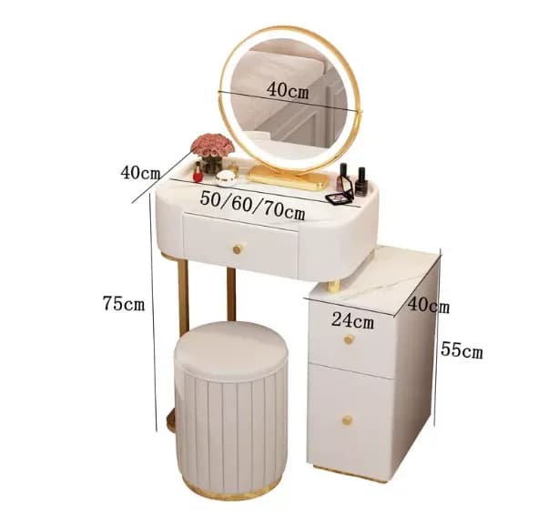 Coiffeuse avec miroir LED et tabouret, en bois blanc, design hôtelier, confortable, pour la coiffure