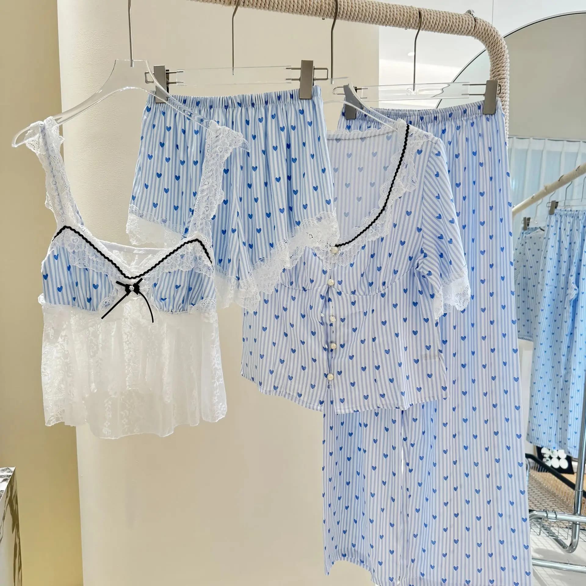 Pyjama Sexy pour femmes, ensemble 4 pièces, garniture en dentelle, Patchwork, manches courtes, vêtem