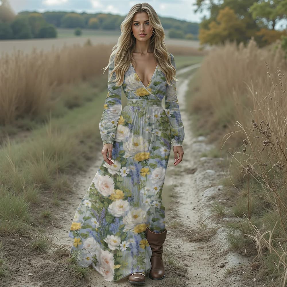 Robe Maxi bohème à fleurs pour femmes, manches longues, col en V, fluide, Cover-Up pour la plage, él