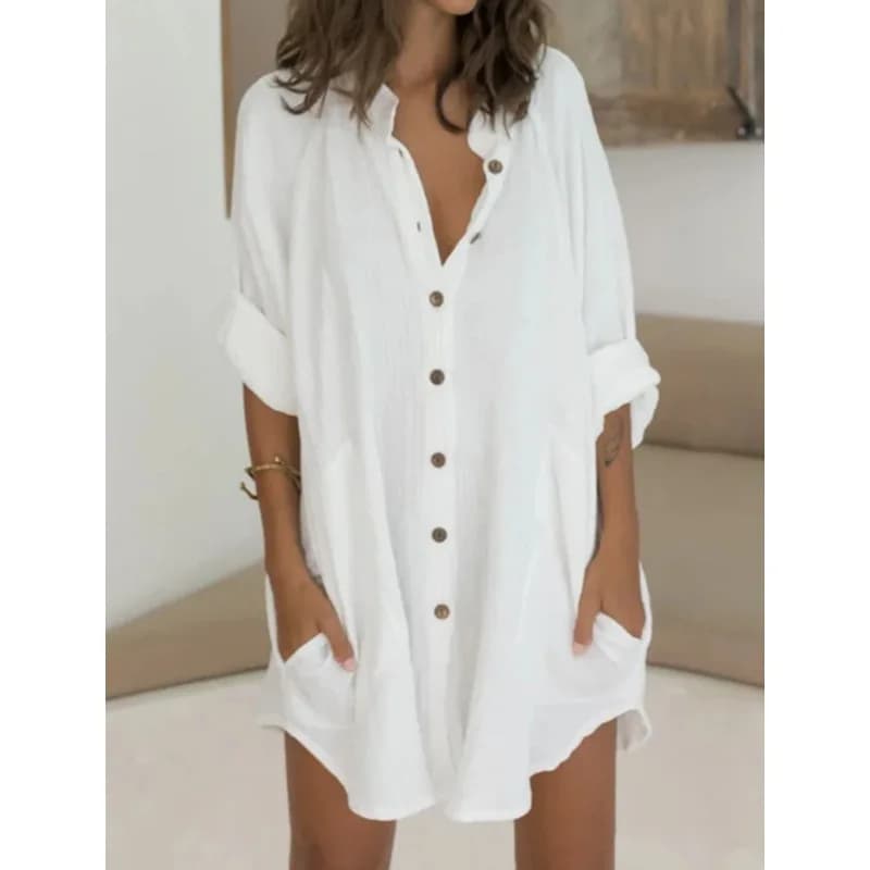 Robe de nuit en coton et lin pour femmes, robe à simple boutonnage, robe de maison mince pour dames,