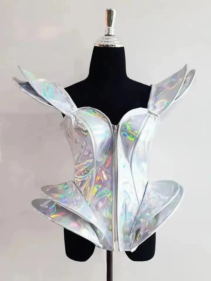 Justaucorps sexy à bretelles pour femme, costume de batterie laser argenté, costume de chanteuse, ju