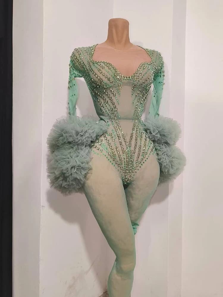 Combinaison scintillante verte en strass pour femmes, costumes de spectacle en boîte de nuit, costum