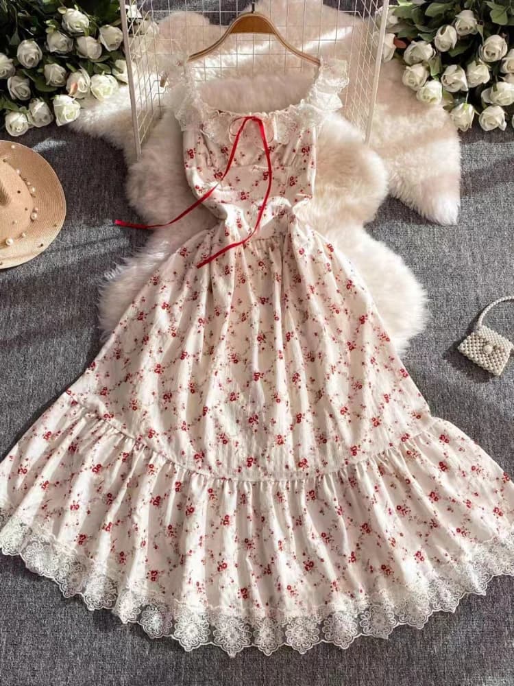 France chaud dentelle imprimé fronde robe femmes Design doux élégant nœud mince robes femme Vintage 