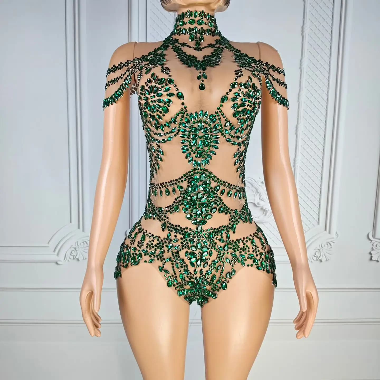Justaucorps scintillant en strass pour femme, sexy, en maille transparente, pour soirée, spectacle d