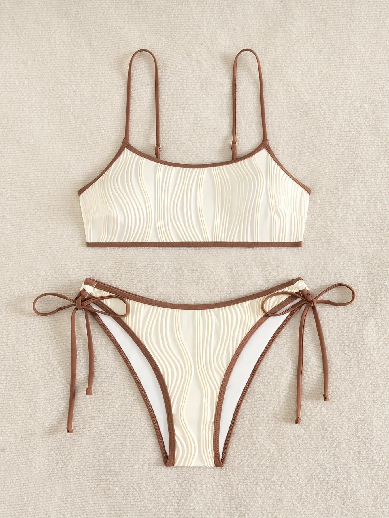 Ensemble bikini sexy beige patchwork 2026 pour femme, avec soutien-gorge push-up côtelé et maillot d