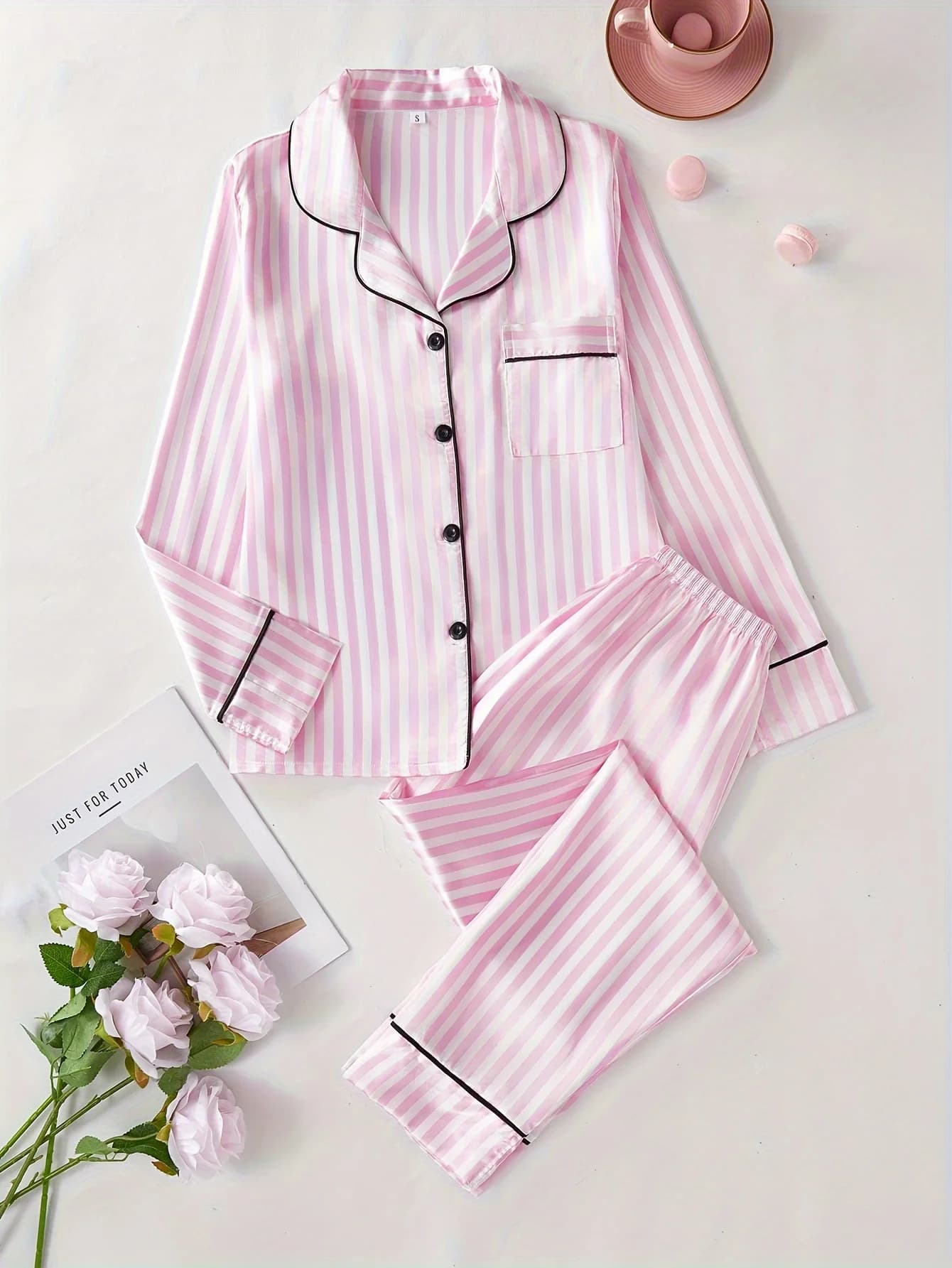 Ensemble pyjama rayé élégant pour femmes, vêtements de nuit, haut à boutons à manches longues et pan