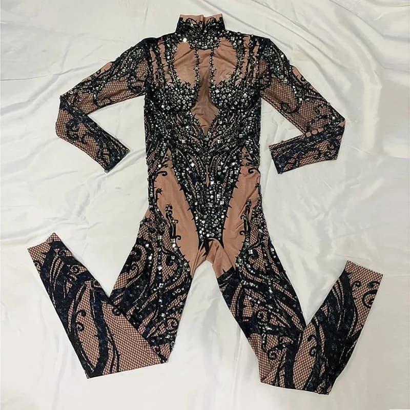Combinaison Bodysuit Leggings Noire Sexy avec Strass et Pierres, Tenue de Soirée, de Bar, de Bal, de