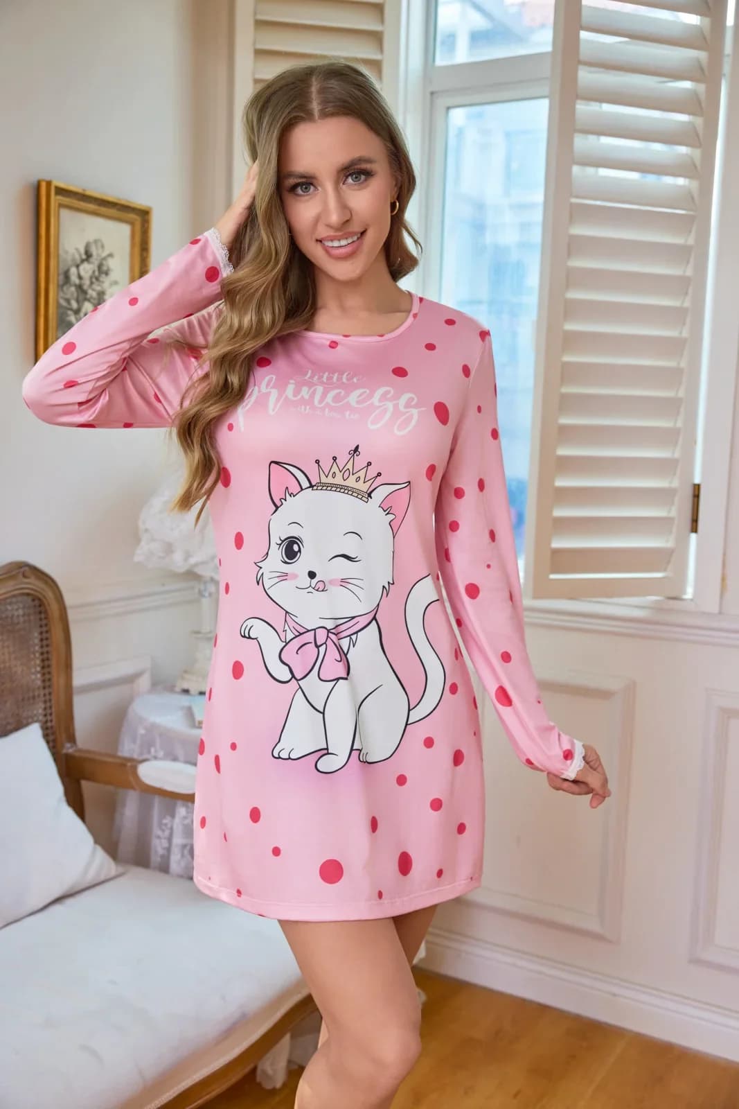 Pyjama décontracté à manches longues pour le printemps et l'été, avec un imprimé mignon de chat de d