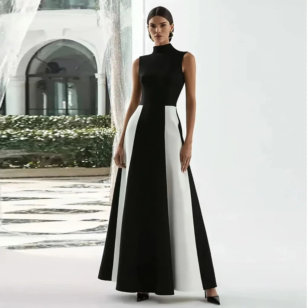 Robe de soirée élégante noire avec col haut blanc, sans manches, coupe trapèze, longueur cheville, r