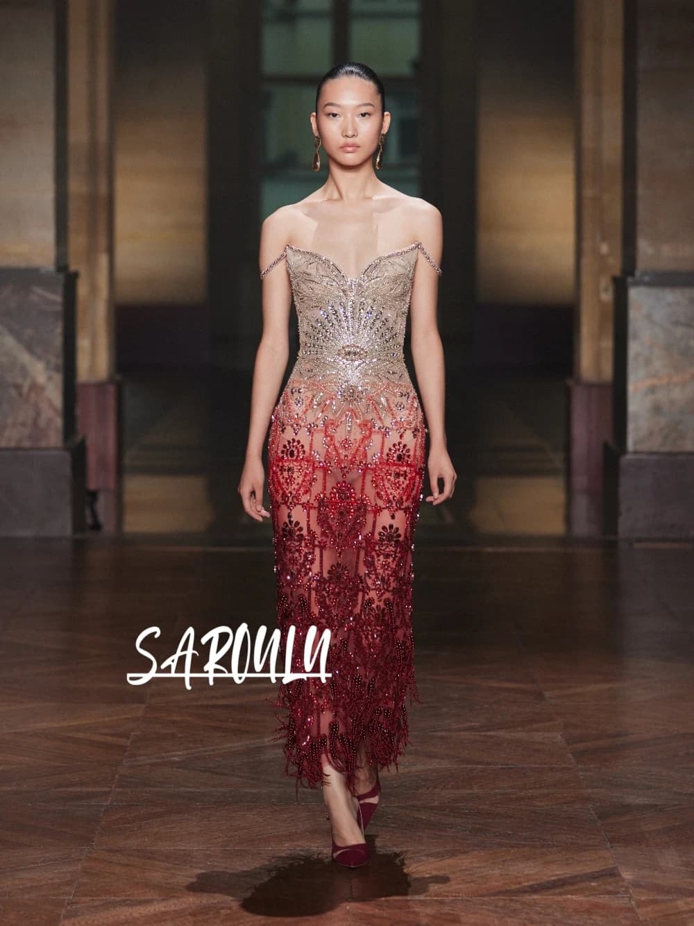 Robe de Soirée de Luxe Rouge Dégradé Champagne, Robe de Bal Délicate à Franges Transparentes et Perl