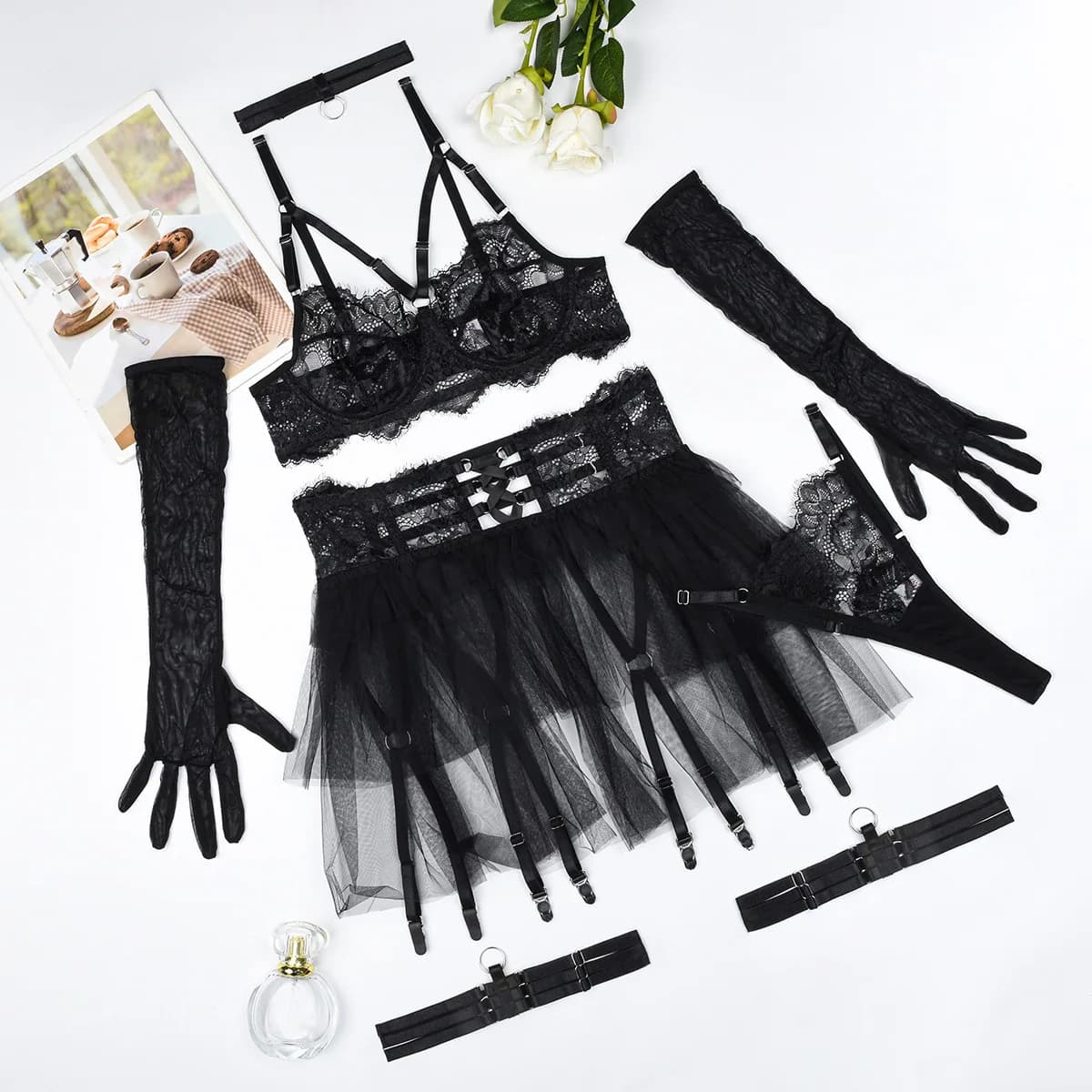 Ensemble de Lingerie jupe à volants, soutien-gorge Sexy en dentelle transparente, gants longs, sous-