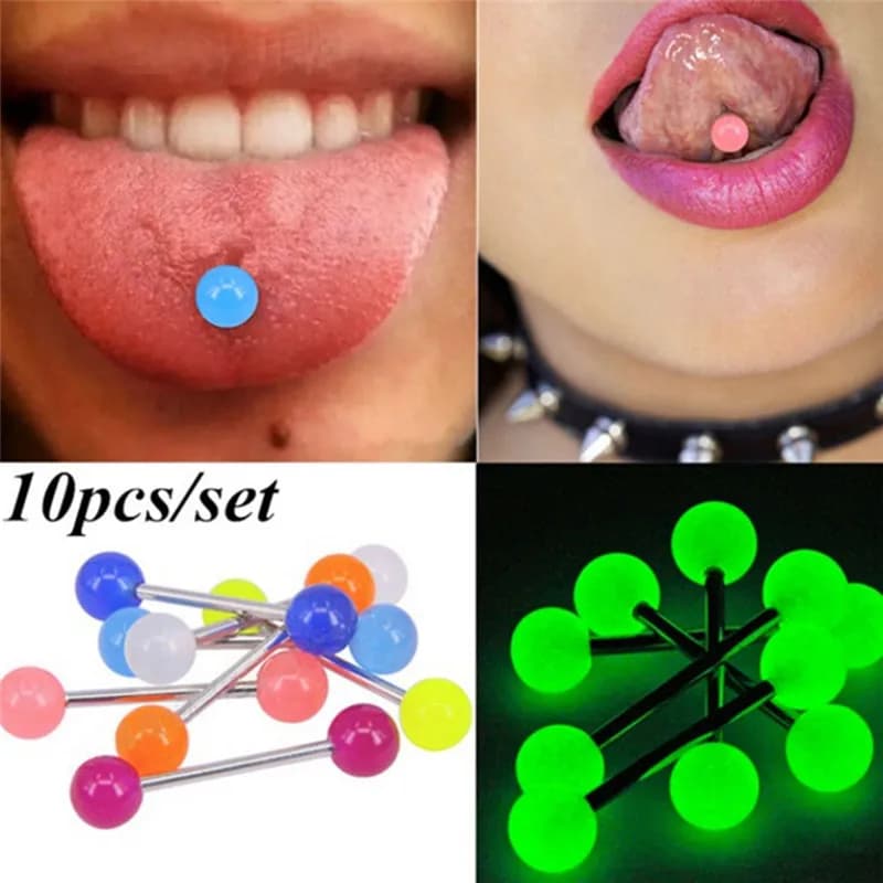10 pièces/ensemble boule lumineuse haltère goujon langue anneaux barres corps Piercing bijoux