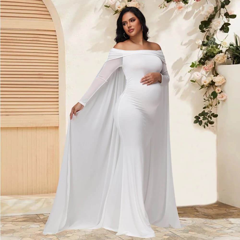 Robe longue de maternité en maille, manches longues, épaules dénudées, châle en mousseline, photogra