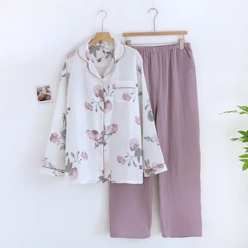 Ensemble pyjama japonais en crêpe de coton pur pour femmes, minimaliste, manches longues, deux pièce
